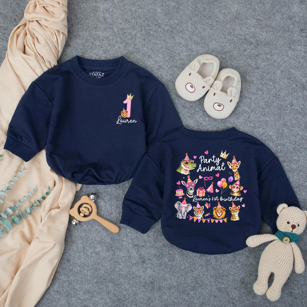 Personalized Party Animal 1st Birthday Outfit for Baby Girl with Pink Jungle Safari Animals, Festive Romper, Custom First Birthday Gift