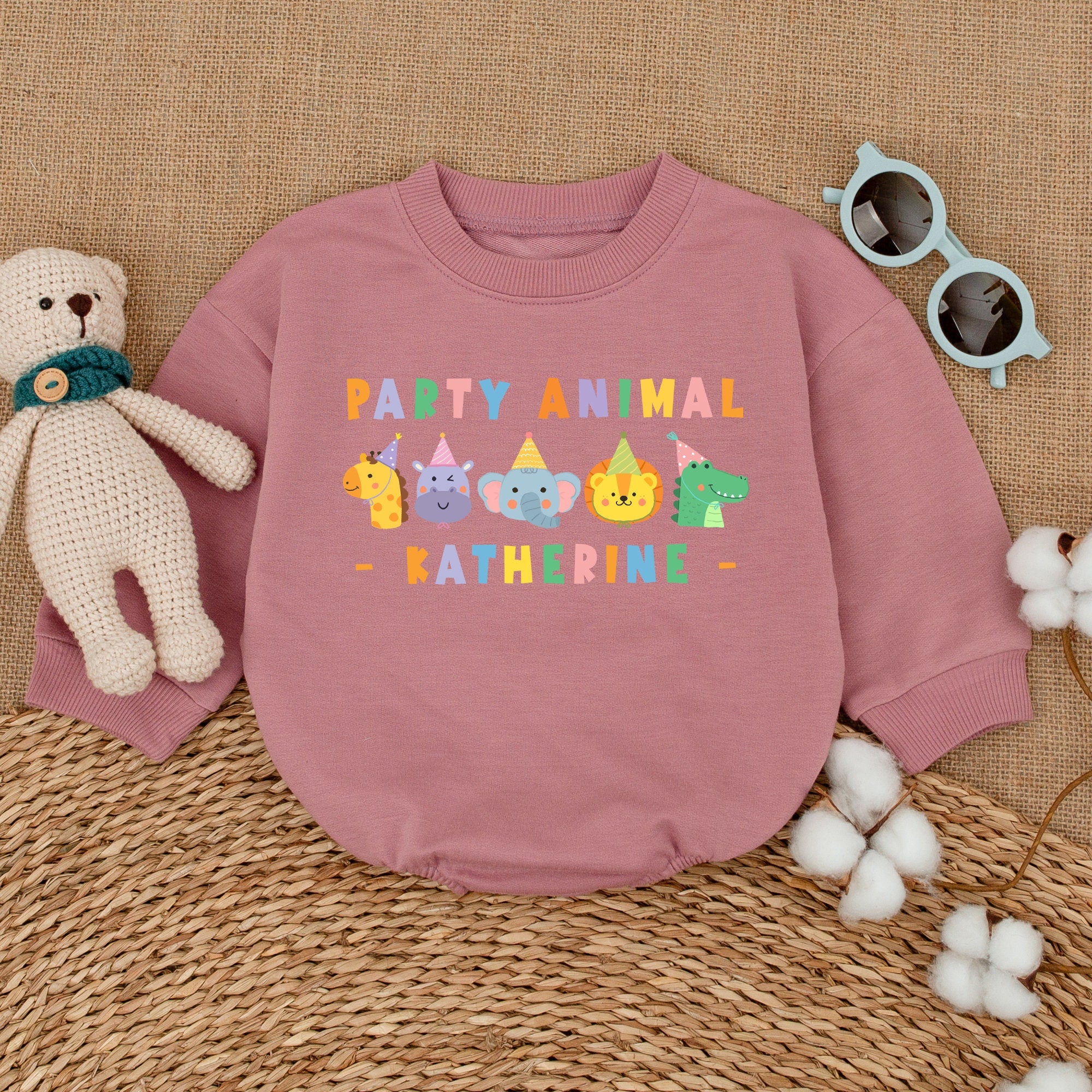 Personalized Party Animal Baby Romper with Safari Zoo Animals Birthday Bodysuit for Boys Vibrant Pastel Colors Custom Name Cake Smash Outfit