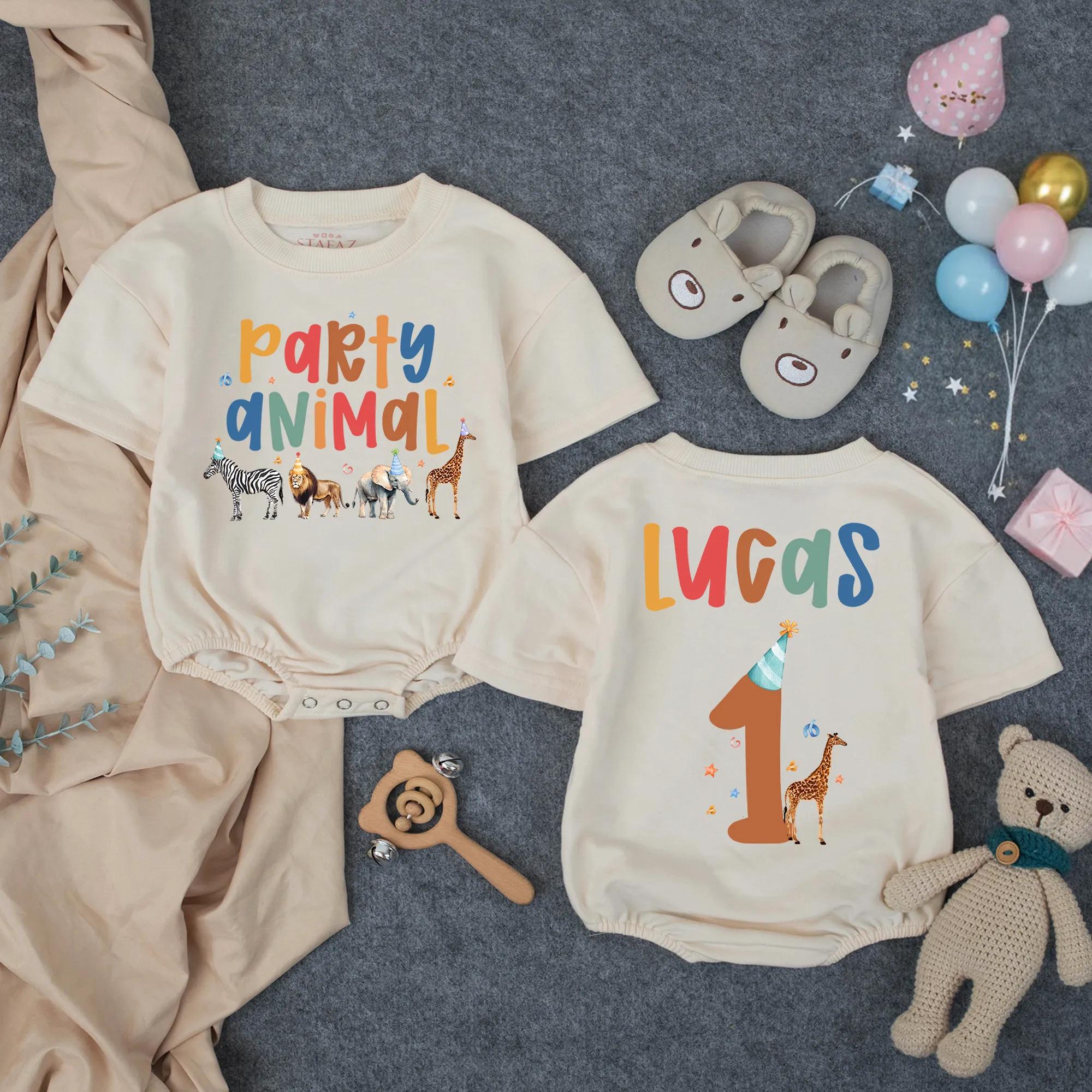 Personalized Party Animal First Birthday Romper for Baby Boy with Safari Animals, Soft Cotton Toddler Outfit Featuring Name and Age Design