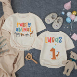 Personalized Party Animal First Birthday Romper for Baby Boy with Safari Animals, Soft Cotton Toddler Outfit Featuring Name and Age Design
