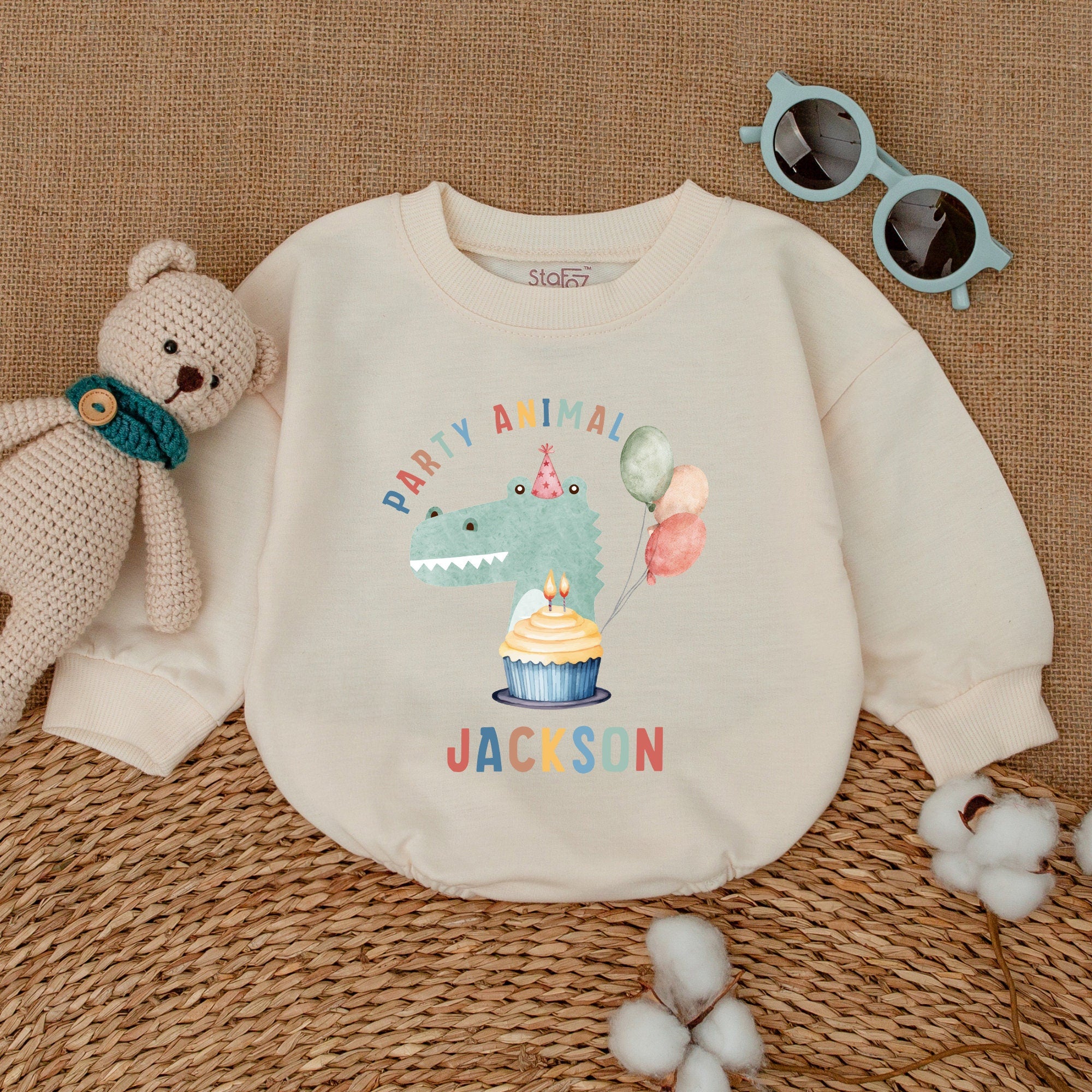 Personalized Party Animal Romper with Dinosaur Balloons Baby Boy Birthday Outfit Custom Name Cotton Cute Cake Smash Clothes
