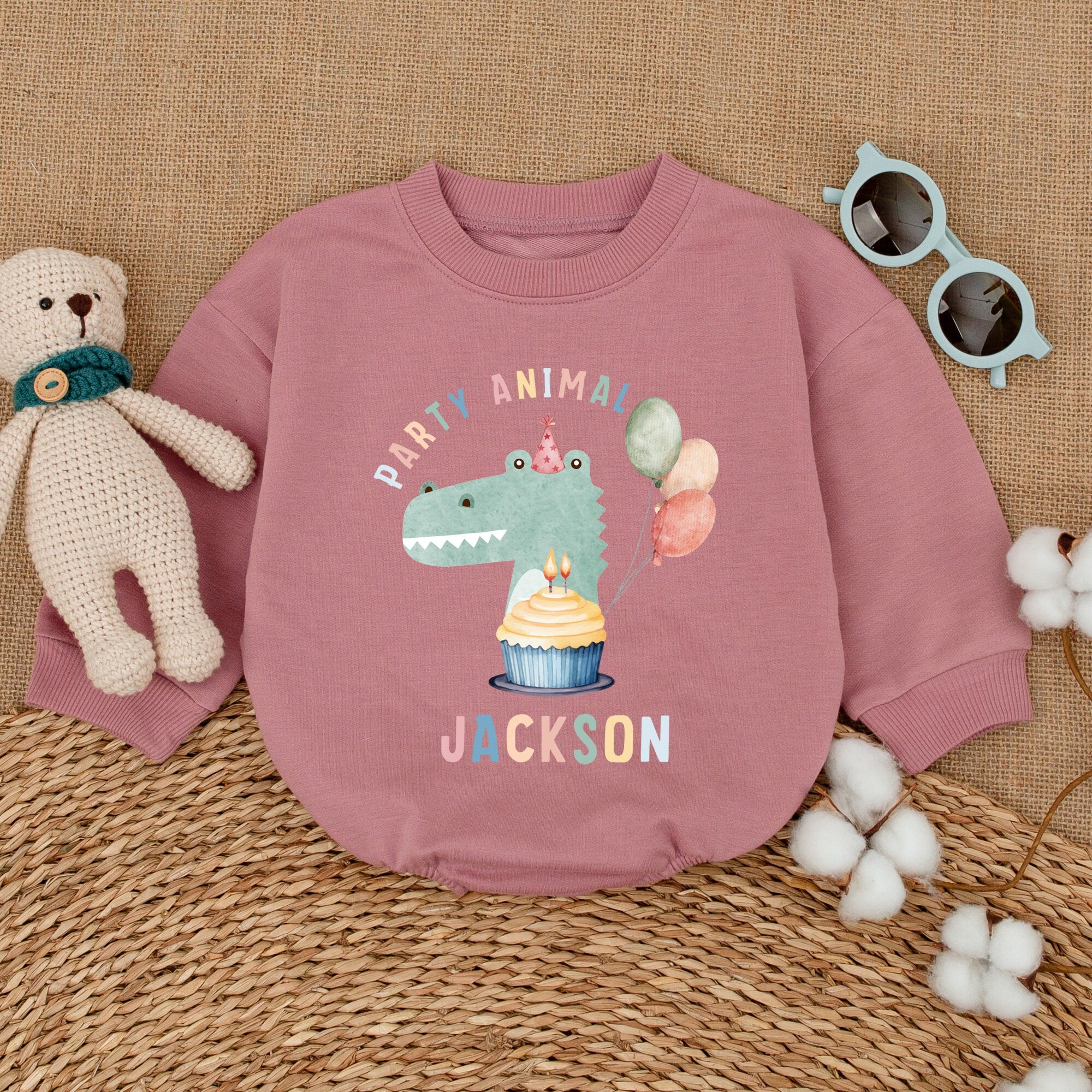 Personalized Party Animal Romper with Dinosaur Balloons Baby Boy Birthday Outfit Custom Name Cotton Cute Cake Smash Clothes