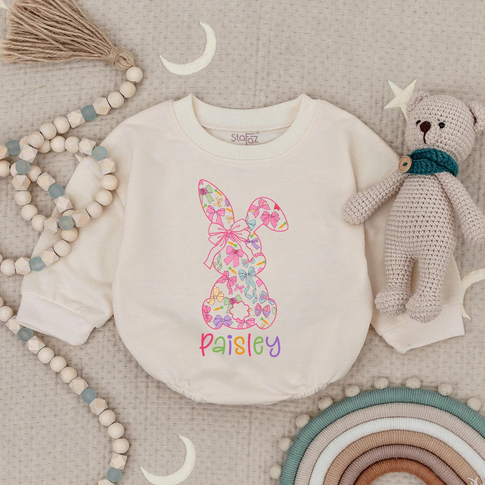 Personalized Pastel Bunny Bow Romper for Baby Girls Custom Name Spring Easter Outfit Soft Cotton Toddler Bodysuit with Cute Carrot Design