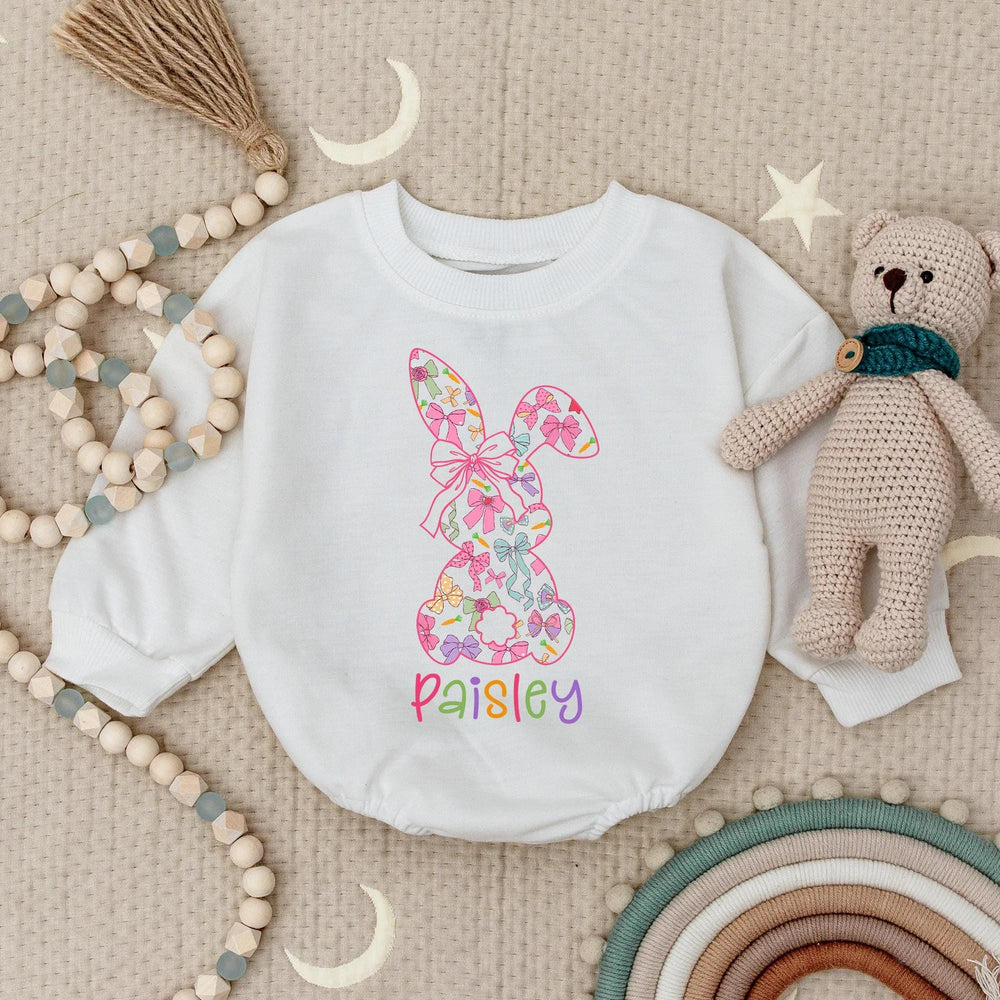 Personalized Pastel Bunny Bow Romper for Baby Girls Custom Name Spring Easter Outfit Soft Cotton Toddler Bodysuit with Cute Carrot Design