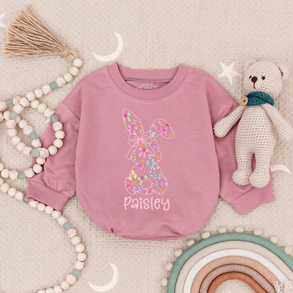 Personalized Pastel Bunny Bow Romper for Baby Girls Custom Name Spring Easter Outfit Soft Cotton Toddler Bodysuit with Cute Carrot Design