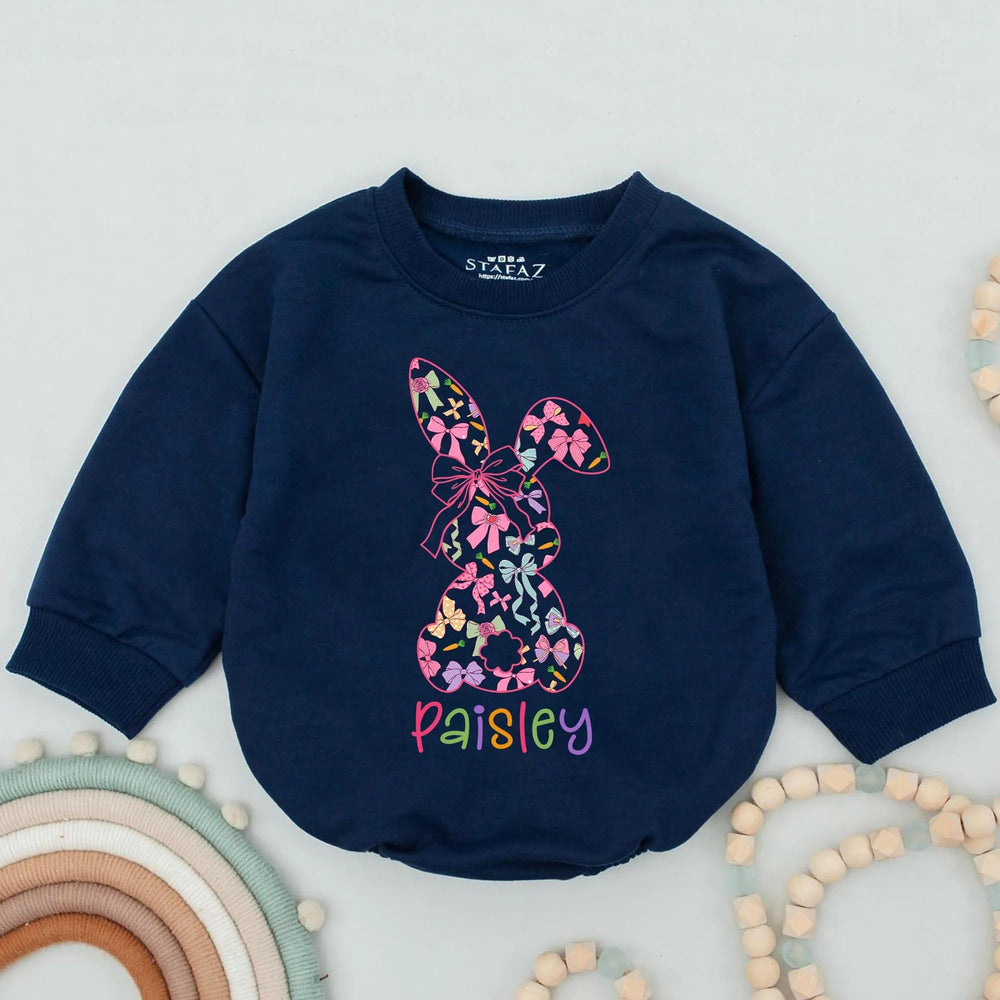 Personalized Pastel Bunny Bow Romper for Baby Girls Custom Name Spring Easter Outfit Soft Cotton Toddler Bodysuit with Cute Carrot Design
