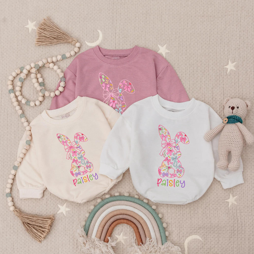 Personalized Pastel Bunny Bow Romper for Baby Girls Custom Name Spring Easter Outfit Soft Cotton Toddler Bodysuit with Cute Carrot Design