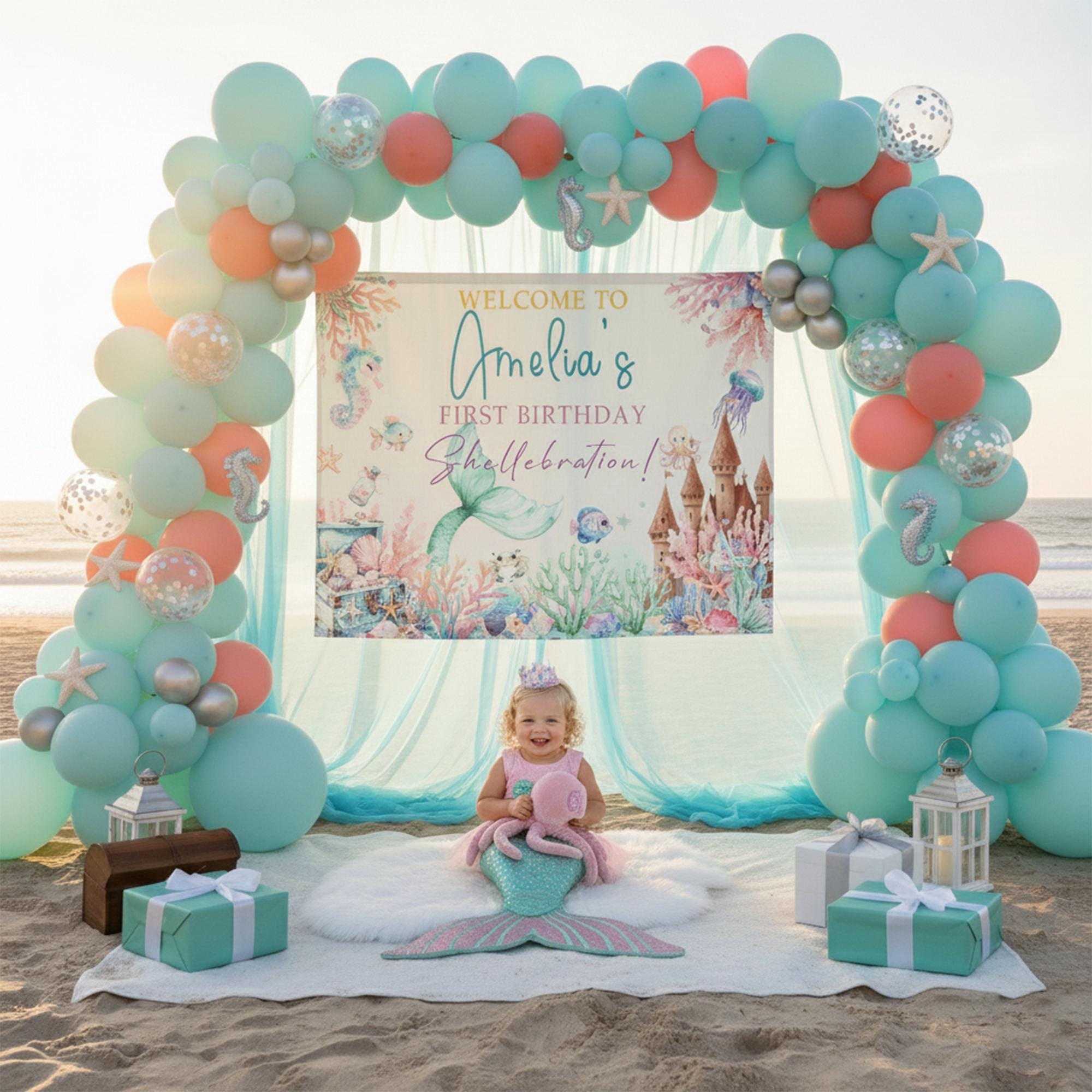 Personalized Pastel Mermaid Birthday Backdrop Under the Sea Party Banner with Name, Ocean Theme Decor for Toddler Girl First Birthday