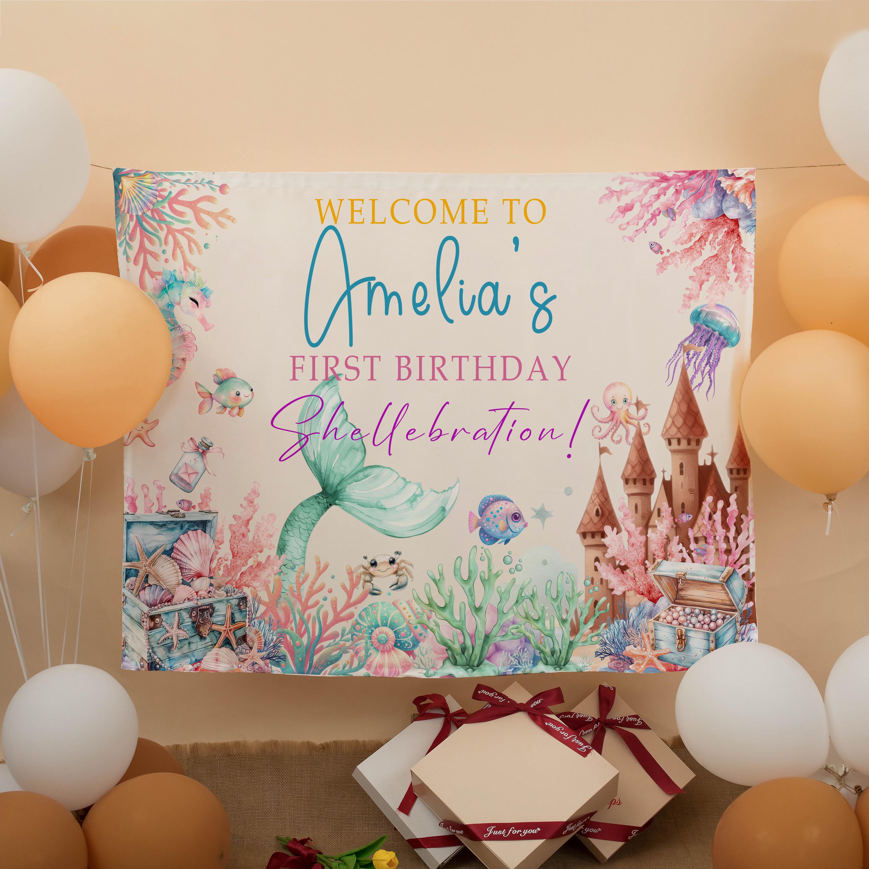 Personalized Pastel Mermaid Birthday Backdrop Under the Sea Party Banner with Name, Ocean Theme Decor for Toddler Girl First Birthday