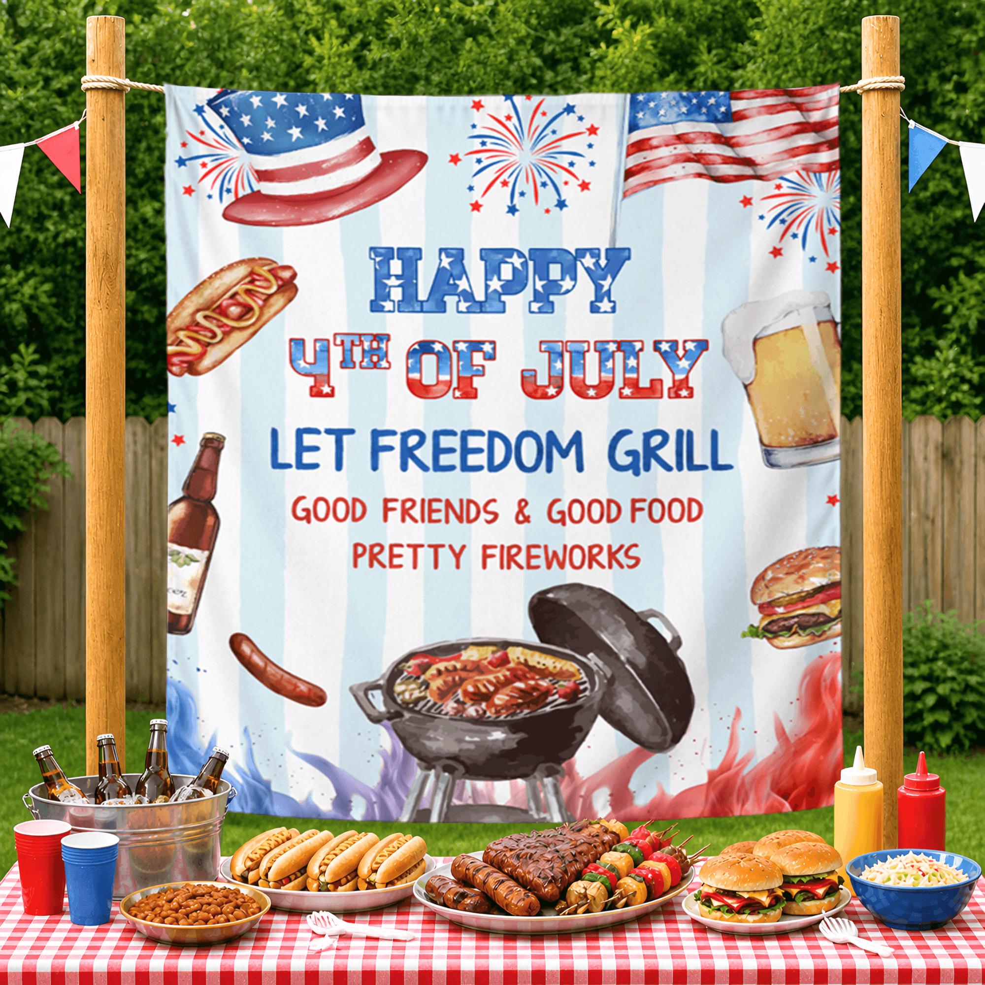 Personalized Patriotic 4th of July BBQ Banner with Let Freedom Grill Text, Festive Design for Outdoor Independence Day Party Decorations