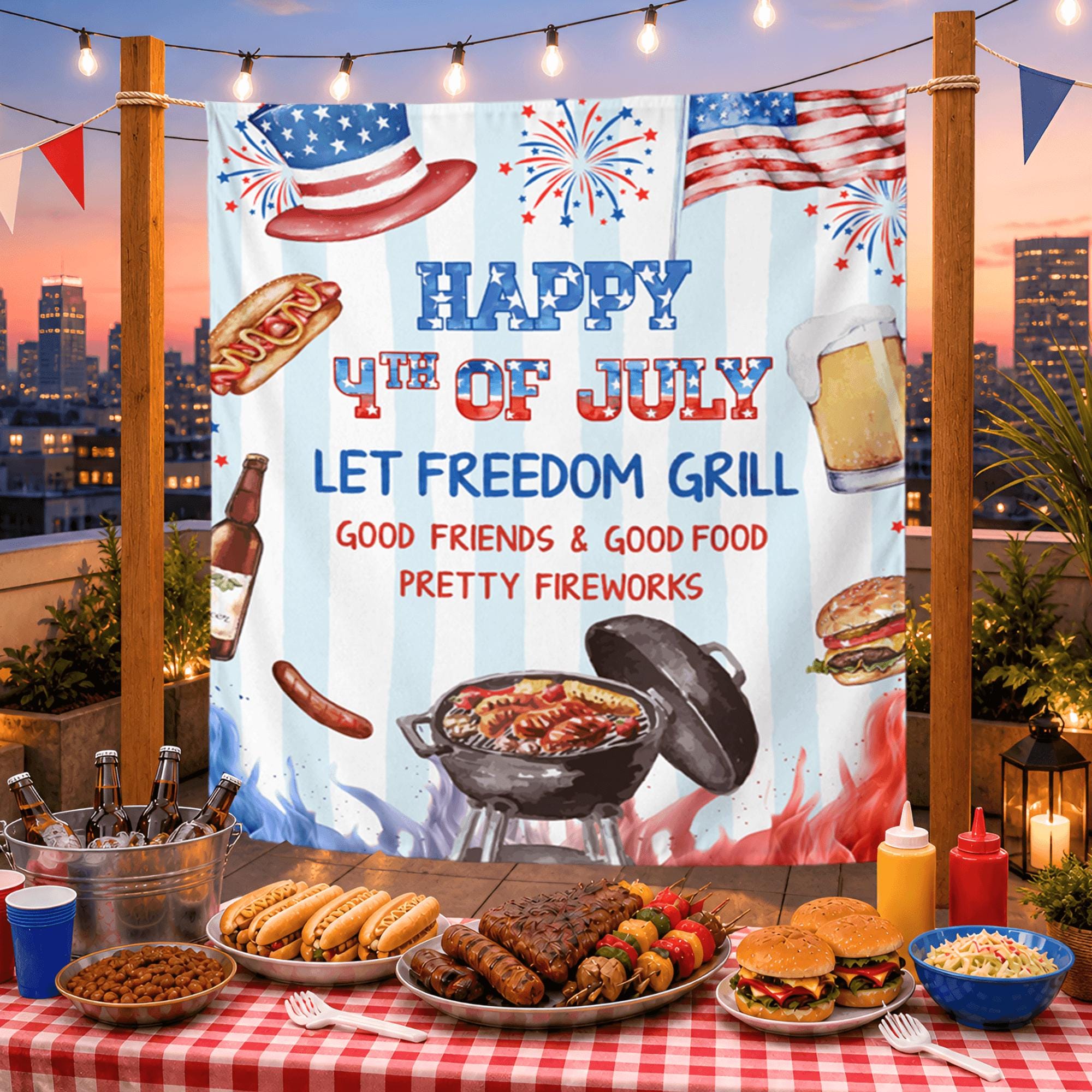 Personalized Patriotic 4th of July BBQ Banner with Let Freedom Grill Text, Festive Design for Outdoor Independence Day Party Decorations