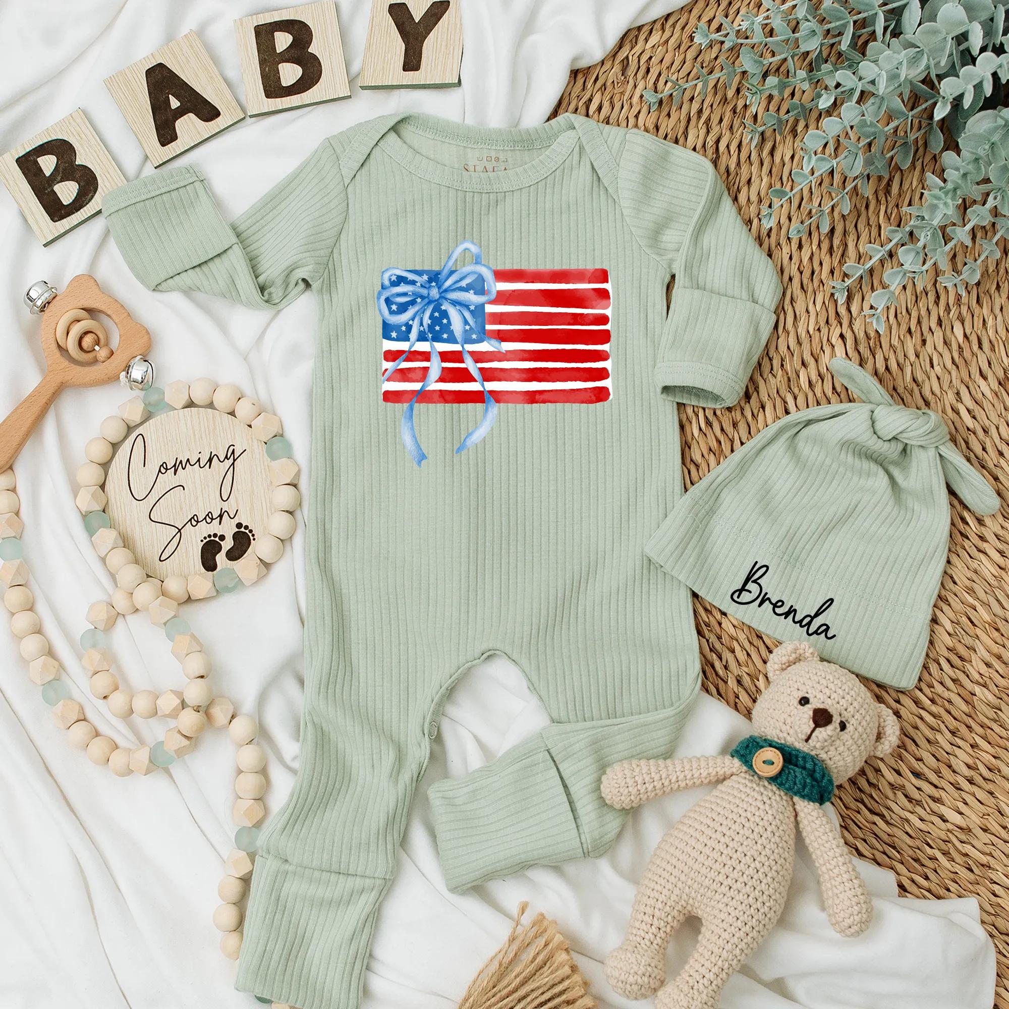 Personalized Patriotic Baby Bodysuit with Blue Bow July 4th Romper Festive American Flag Infant Girl Outfit Cotton Comfortable Gift