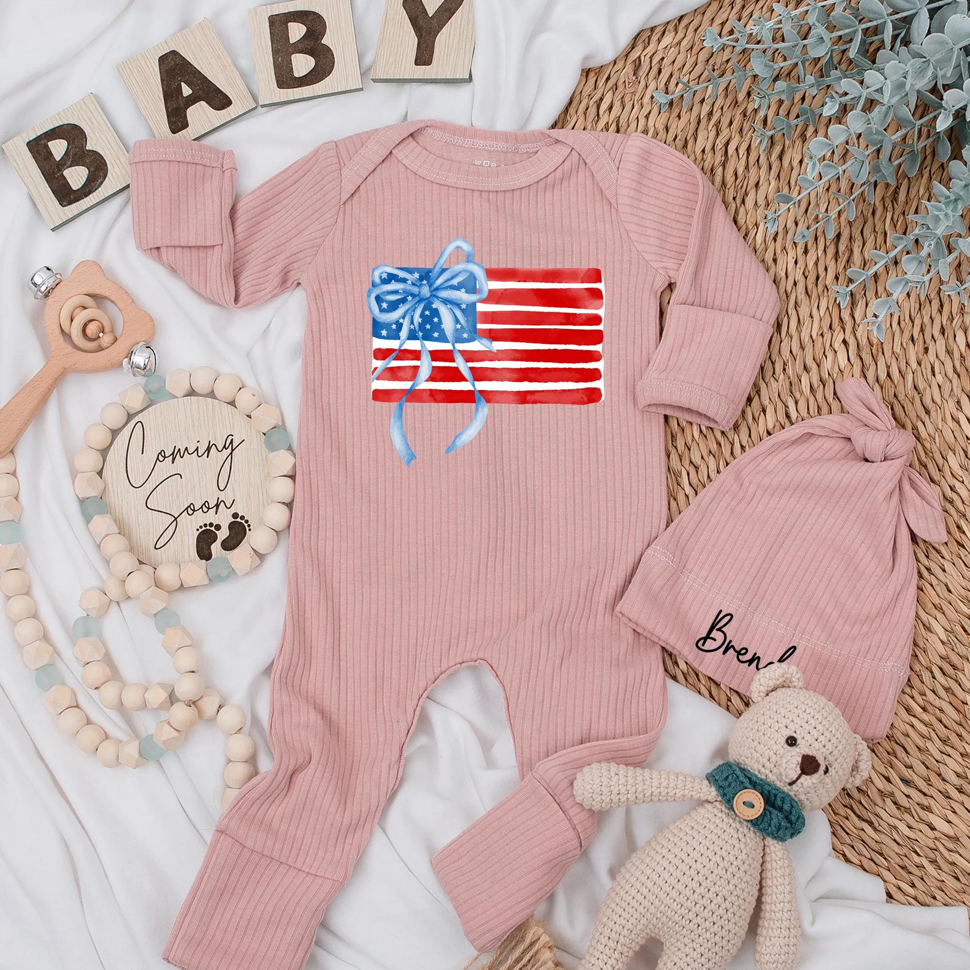 Personalized Patriotic Baby Bodysuit with Blue Bow July 4th Romper Festive American Flag Infant Girl Outfit Cotton Comfortable Gift