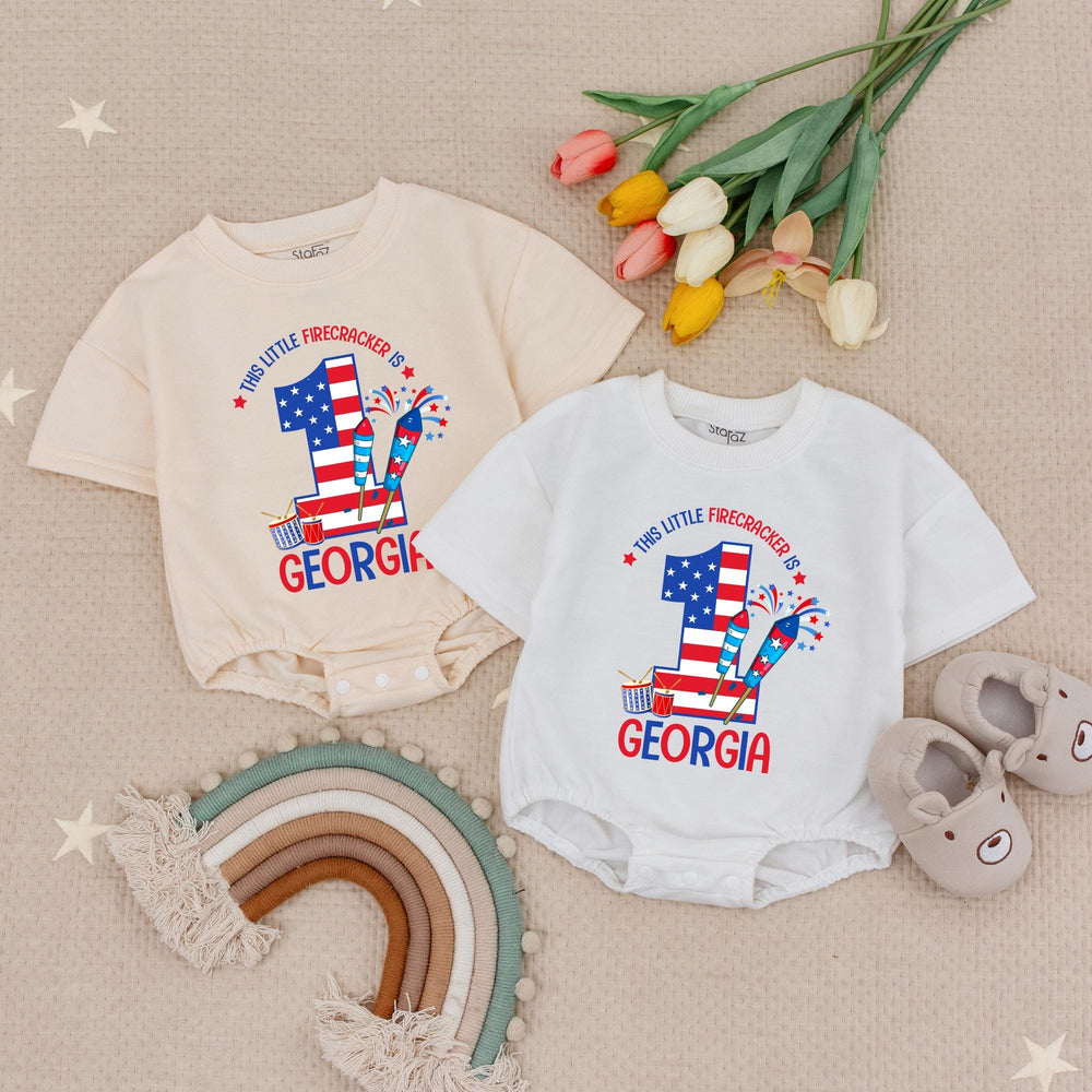 Personalized Patriotic Baby Romper First Birthday Outfit Firecracker Design Red White Blue 4th of July Infant Clothes Custom Name
