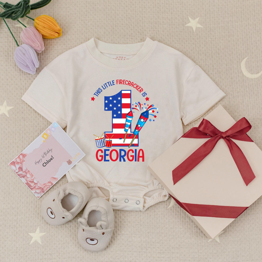 Personalized Patriotic Baby Romper First Birthday Outfit Firecracker Design Red White Blue 4th of July Infant Clothes Custom Name