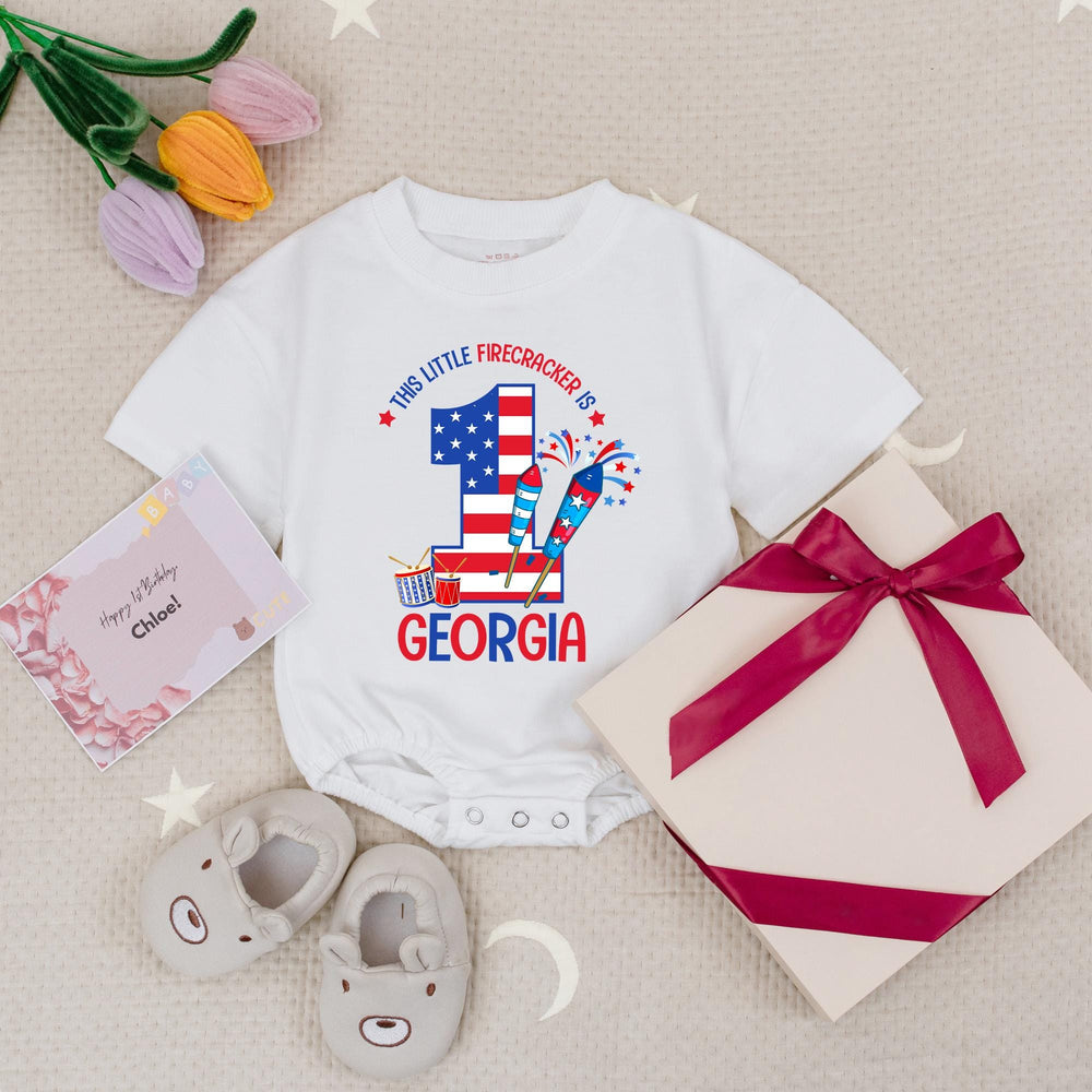 Personalized Patriotic Baby Romper First Birthday Outfit Firecracker Design Red White Blue 4th of July Infant Clothes Custom Name