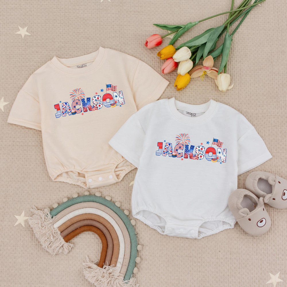 Personalized Patriotic Baby Romper with Jackson Name July 4th Stars Stripes Design USA Flag Fireworks Infant Outfit for Independence Day