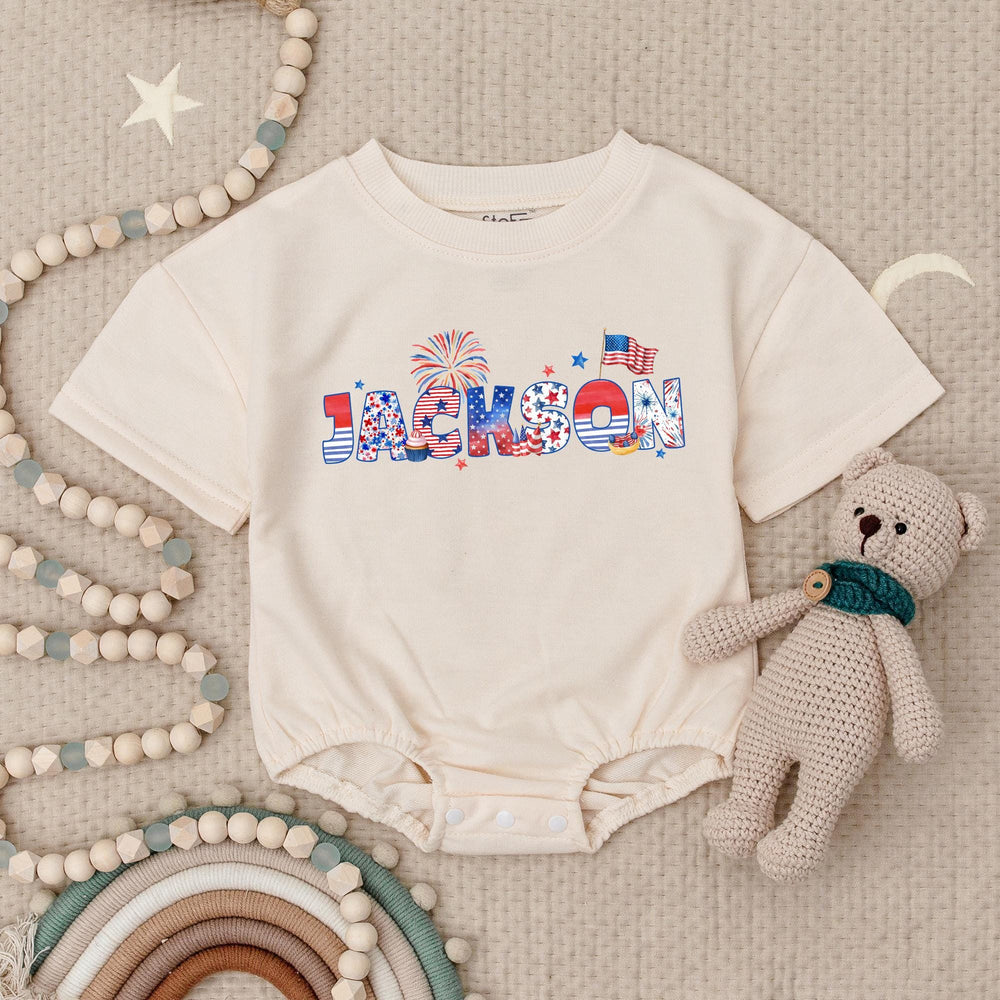Personalized Patriotic Baby Romper with Jackson Name July 4th Stars Stripes Design USA Flag Fireworks Infant Outfit for Independence Day