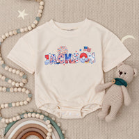 Personalized Patriotic Baby Romper with Jackson Name July 4th Stars Stripes Design USA Flag Fireworks Infant Outfit for Independence Day