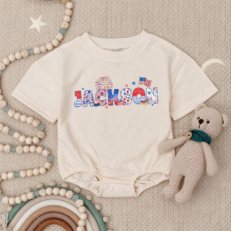 Personalized Patriotic Baby Romper with Jackson Name July 4th Stars Stripes Design USA Flag Fireworks Infant Outfit for Independence Day