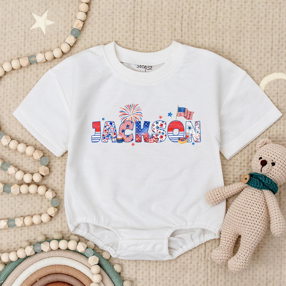Personalized Patriotic Baby Romper with Jackson Name July 4th Stars Stripes Design USA Flag Fireworks Infant Outfit for Independence Day