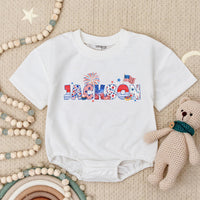 Personalized Patriotic Baby Romper with Jackson Name July 4th Stars Stripes Design USA Flag Fireworks Infant Outfit for Independence Day