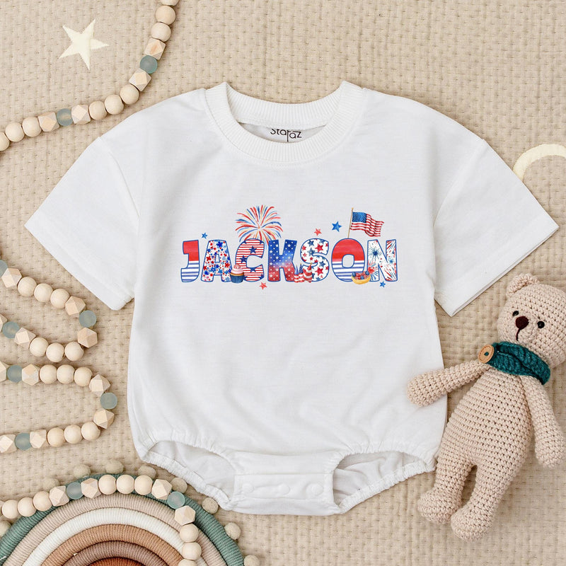 Personalized Patriotic Baby Romper with Jackson Name July 4th Stars Stripes Design USA Flag Fireworks Infant Outfit for Independence Day