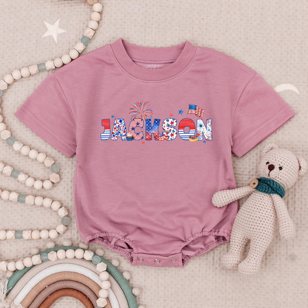 Personalized Patriotic Baby Romper with Jackson Name July 4th Stars Stripes Design USA Flag Fireworks Infant Outfit for Independence Day