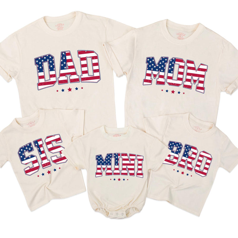 Personalized Patriotic Family Shirts with USA Flag Design Dad Mom Sis Bro Mini Tees for 4th of July Celebrations or Birthday Outfits
