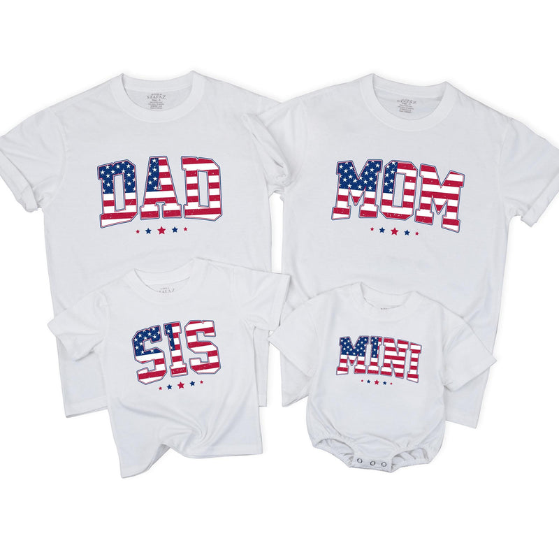 Personalized Patriotic Family Shirts with USA Flag Design Dad Mom Sis Bro Mini Tees for 4th of July Celebrations or Birthday Outfits