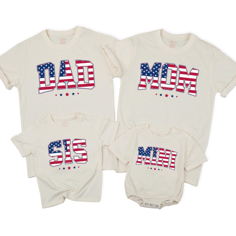 Personalized Patriotic Family Shirts with USA Flag Design Dad Mom Sis Bro Mini Tees for 4th of July Celebrations or Birthday Outfits