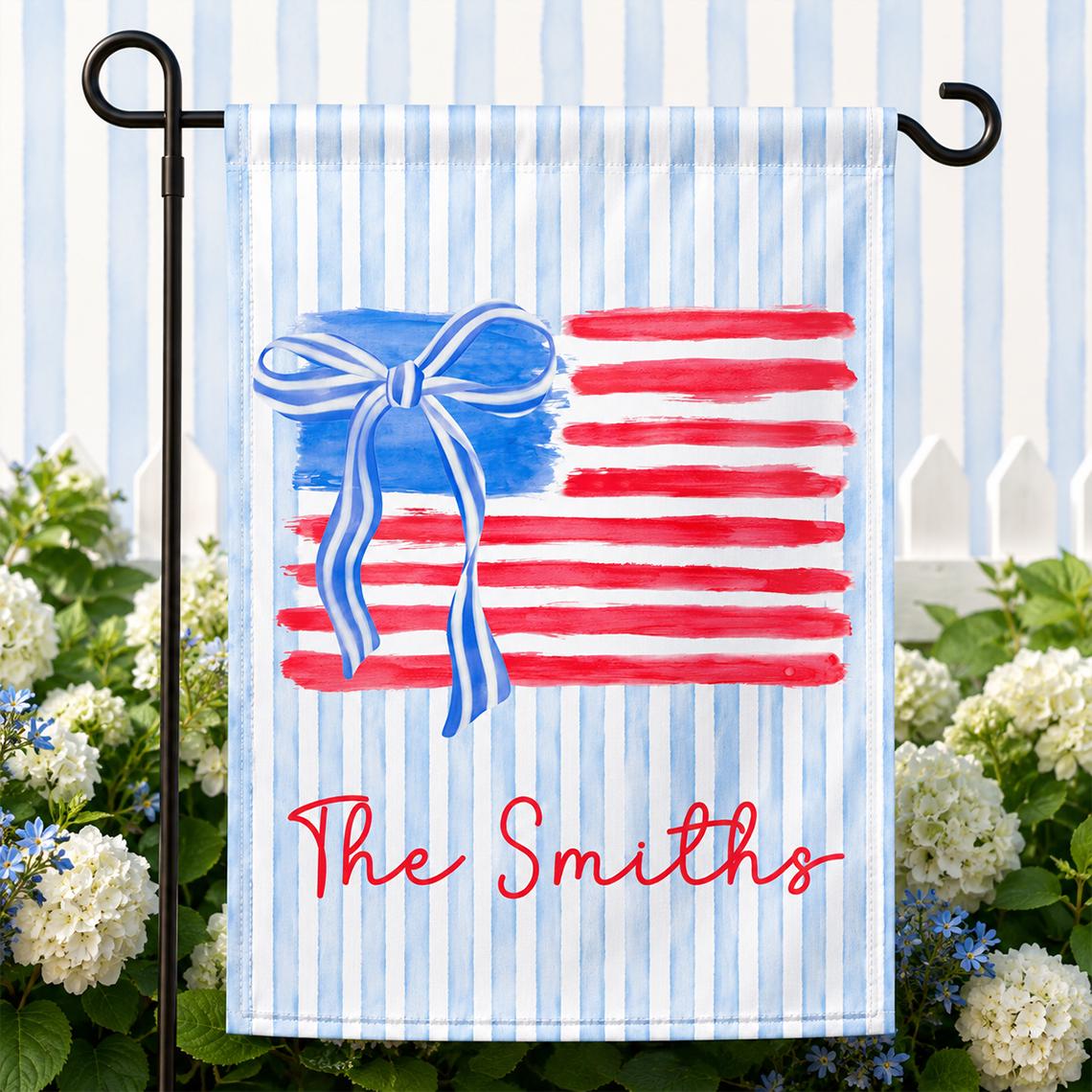 Personalized Patriotic Garden Flag with Watercolor American Flag Design and Custom Family Name for Fourth of July Porch or Outdoor Decor