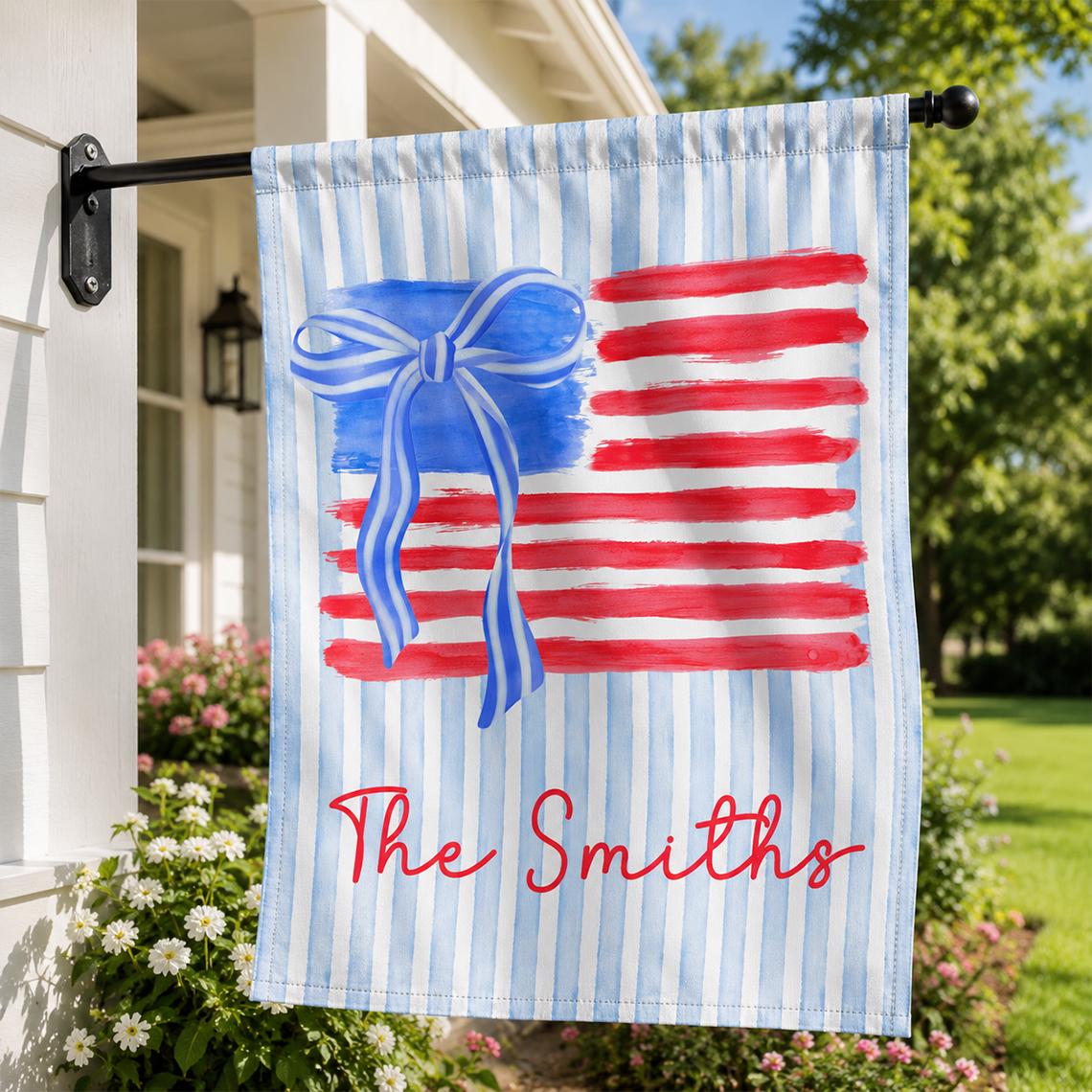 Personalized Patriotic Garden Flag with Watercolor American Flag Design and Custom Family Name for Fourth of July Porch or Outdoor Decor