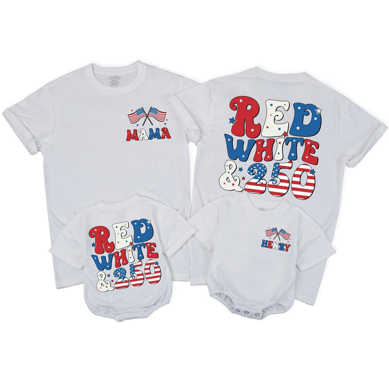 Personalized Patriotic Retro Family Shirts with Red White & 250 Back Print, Custom Independence Day Tees for Baby, Toddler, Kids, Adults