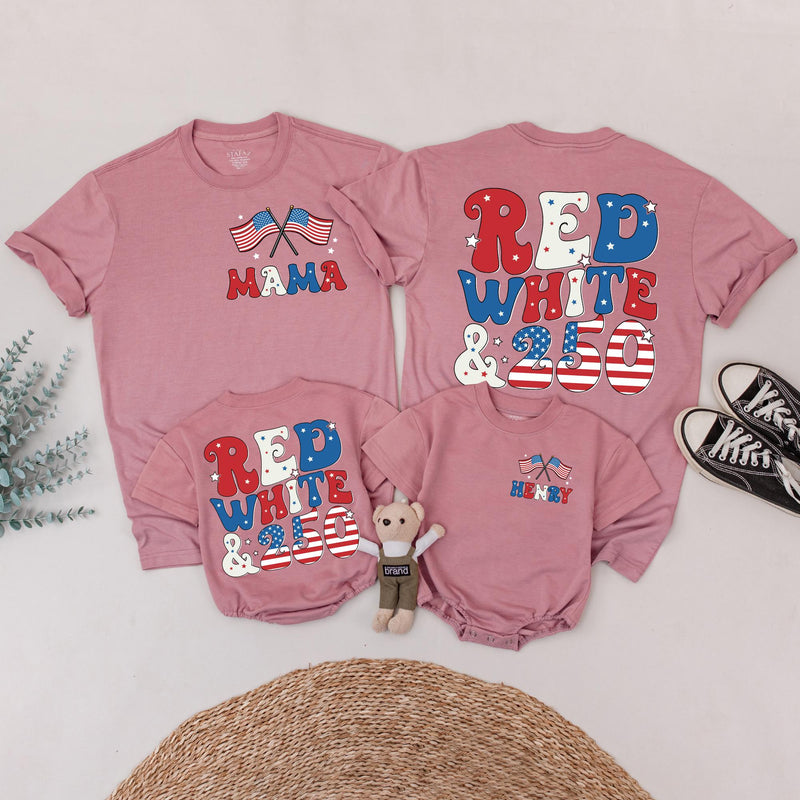 Personalized Patriotic Retro Family Shirts with Red White & 250 Back Print, Custom Independence Day Tees for Baby, Toddler, Kids, Adults