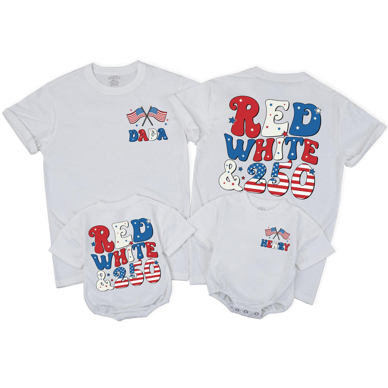 Personalized Patriotic Retro Family Shirts with Red White & 250 Back Print, Custom Independence Day Tees for Baby, Toddler, Kids, Adults