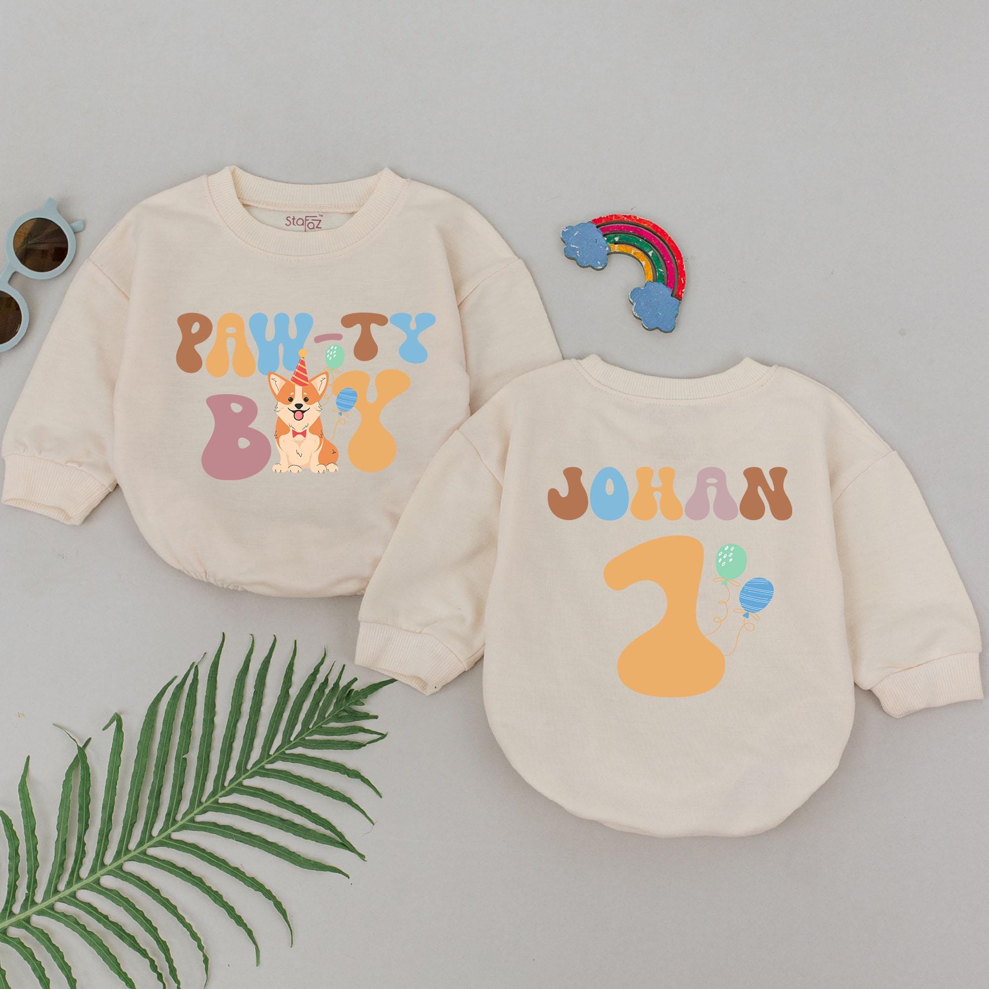 Personalized Paw-ty Boy Romper with Colorful Dog Design Baby Birthday Outfit Custom Name Infant Gift First Birthday Celebration