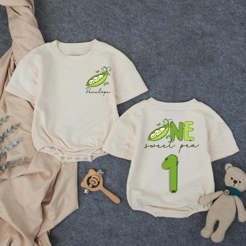 Personalized Pea Pod First Birthday Romper for Baby Girl, Custom Sweet Pea Outfit with Name, Light Green Design, Soft Cotton Gift