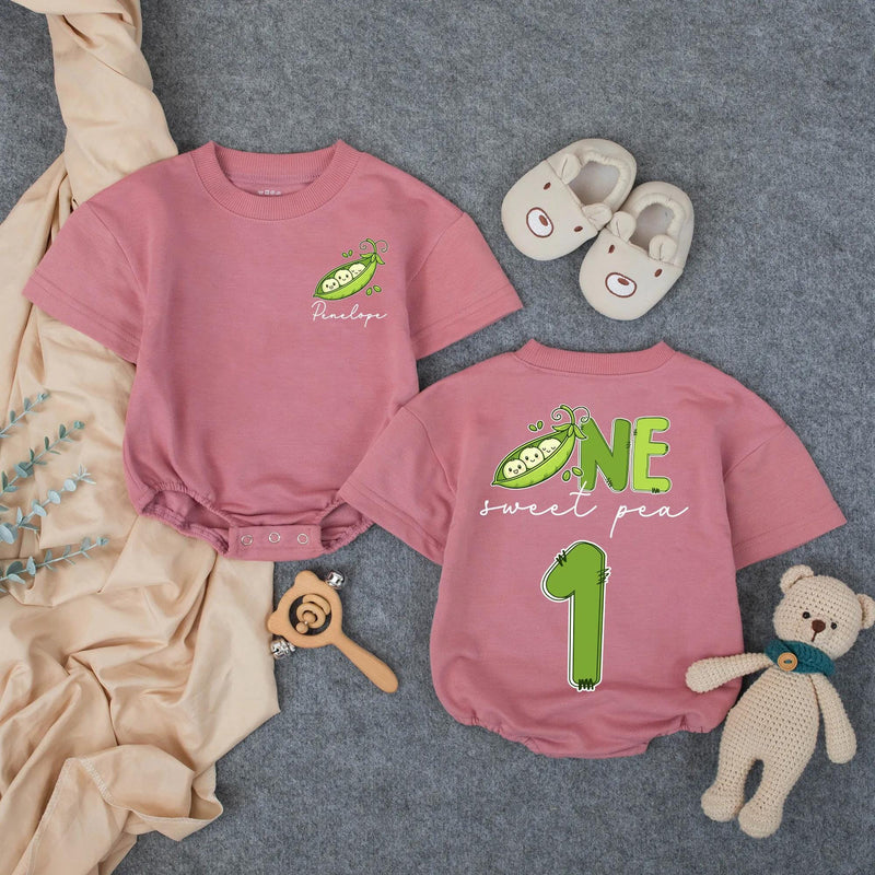 Personalized Pea Pod First Birthday Romper for Baby Girl, Custom Sweet Pea Outfit with Name, Light Green Design, Soft Cotton Gift