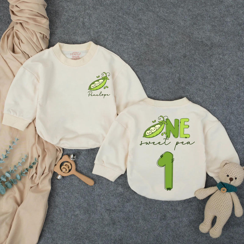 Personalized Pea Pod First Birthday Romper for Baby Girl, Custom Sweet Pea Outfit with Name, Light Green Design, Soft Cotton Gift