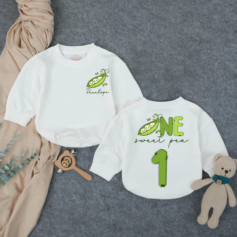 Personalized Pea Pod First Birthday Romper for Baby Girl, Custom Sweet Pea Outfit with Name, Light Green Design, Soft Cotton Gift