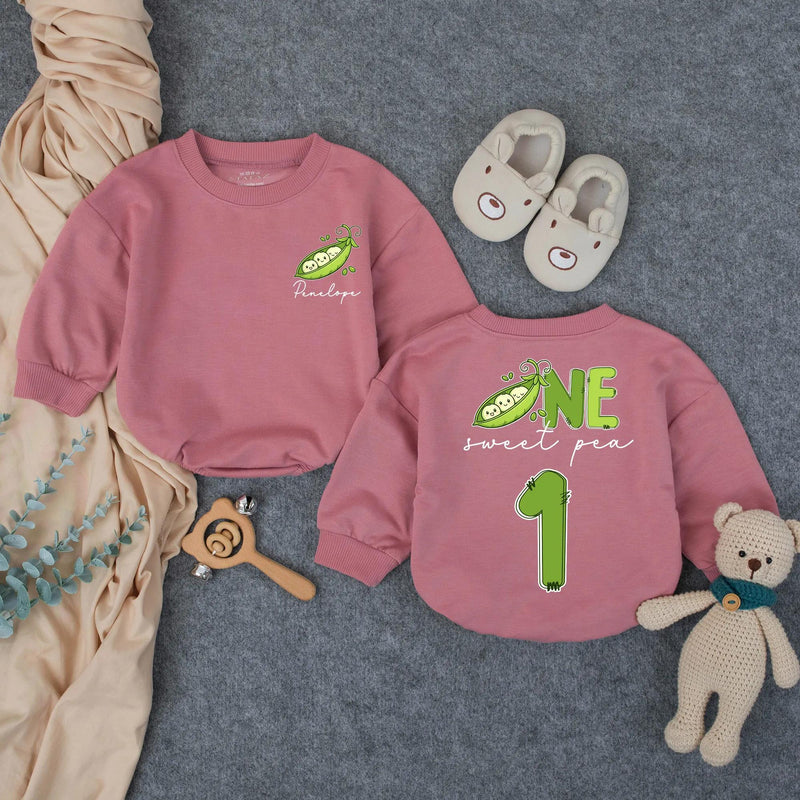 Personalized Pea Pod First Birthday Romper for Baby Girl, Custom Sweet Pea Outfit with Name, Light Green Design, Soft Cotton Gift