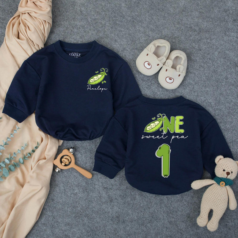 Personalized Pea Pod First Birthday Romper for Baby Girl, Custom Sweet Pea Outfit with Name, Light Green Design, Soft Cotton Gift