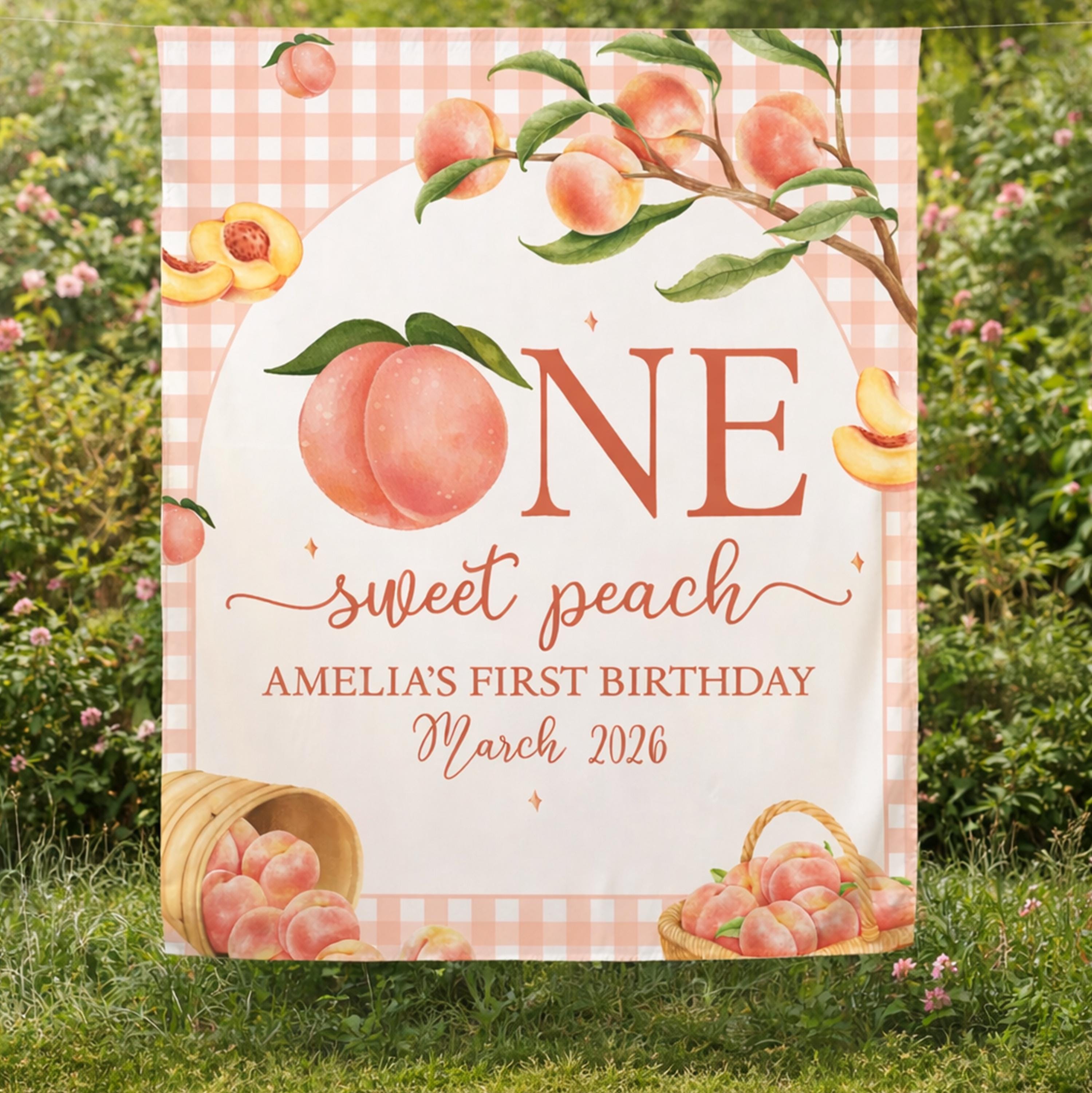 Personalized Peach Birthday Banner with Watercolor Design, Custom Name Backdrop for 1st Birthday Party, Soft Peach Girl Decor