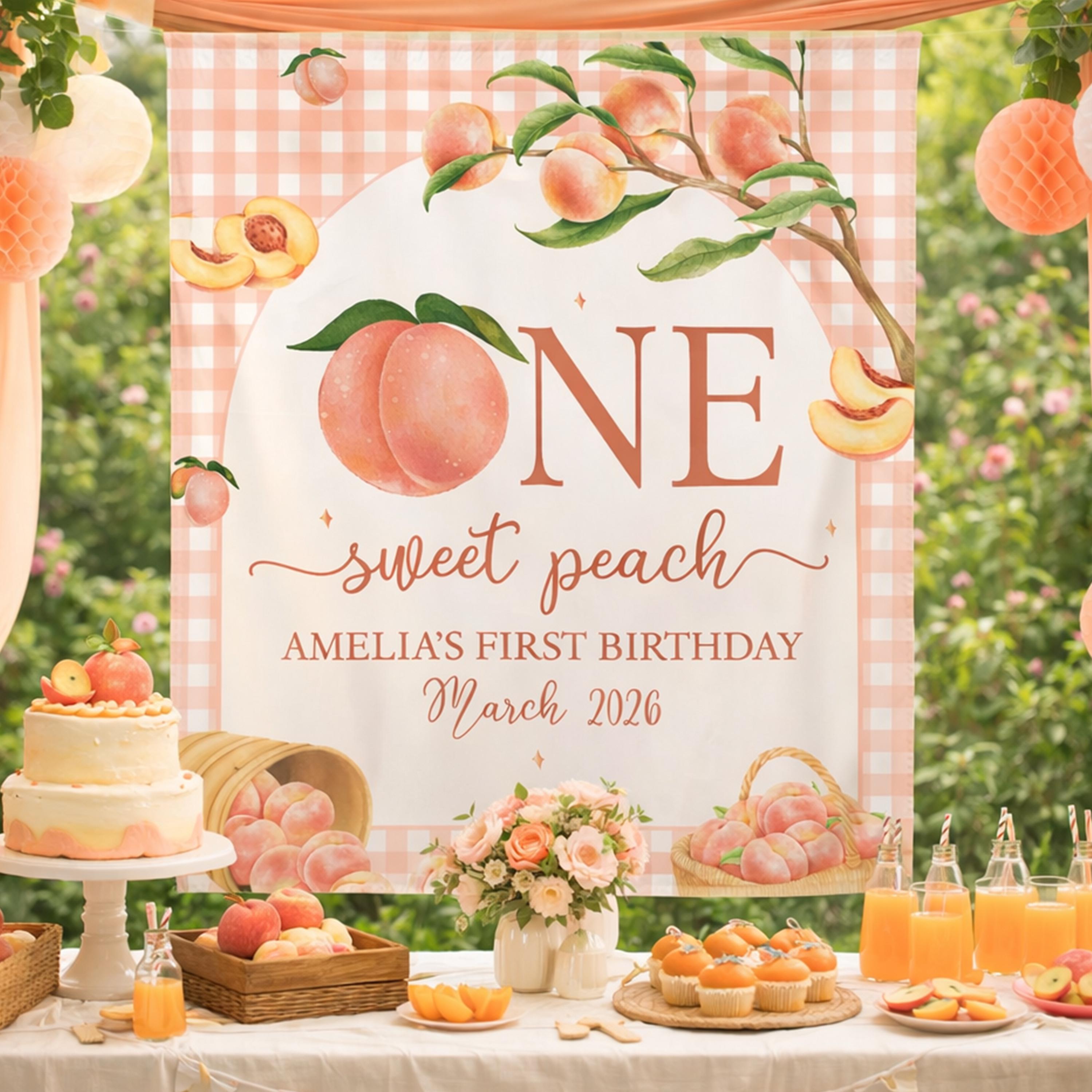 Personalized Peach Birthday Banner with Watercolor Design, Custom Name Backdrop for 1st Birthday Party, Soft Peach Girl Decor