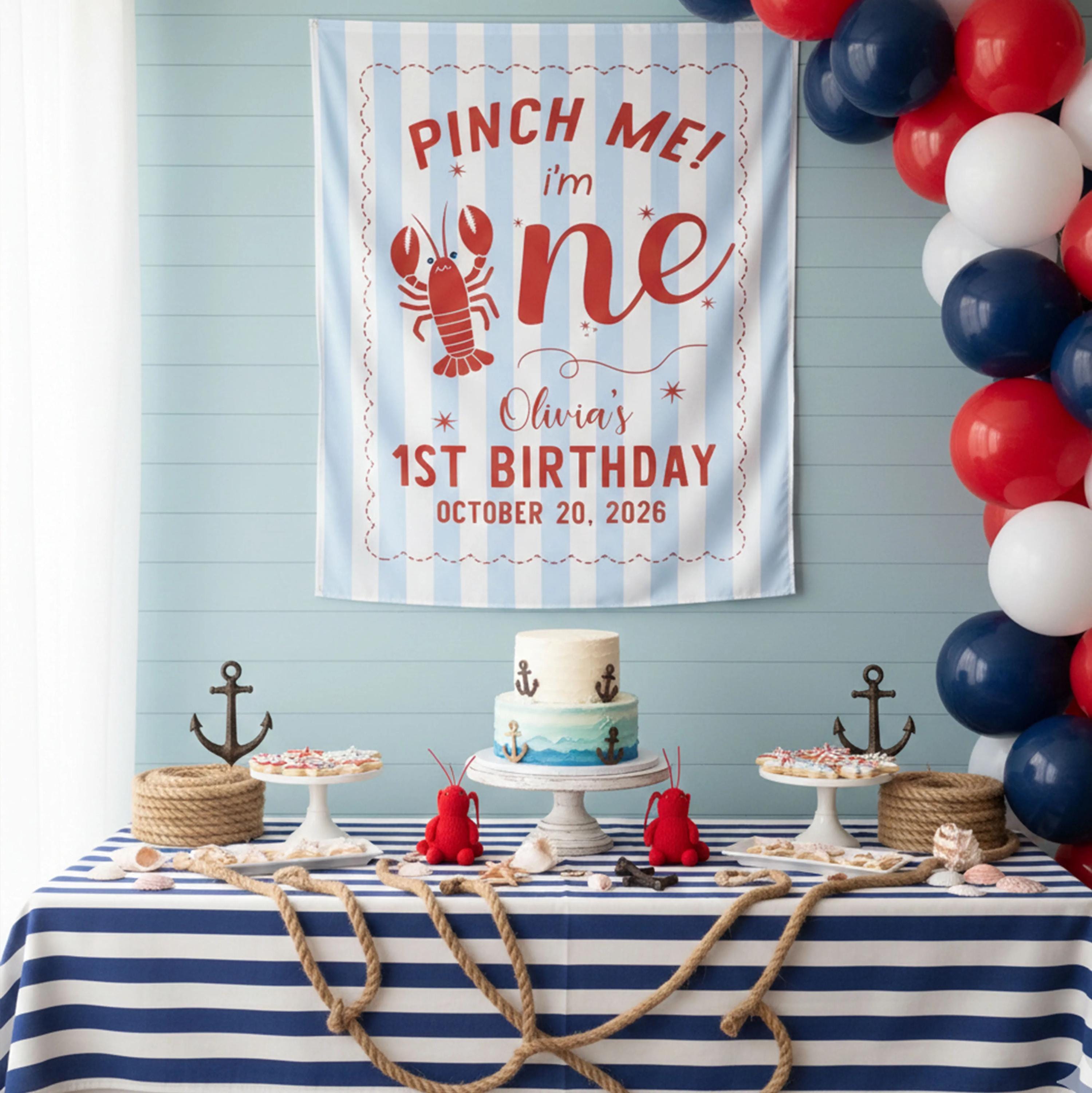 Personalized Pinch Me I'm One Lobster Banner for Baby's First Birthday, Custom Coastal Party Backdrop with Name and Date, Fun Festive Decor