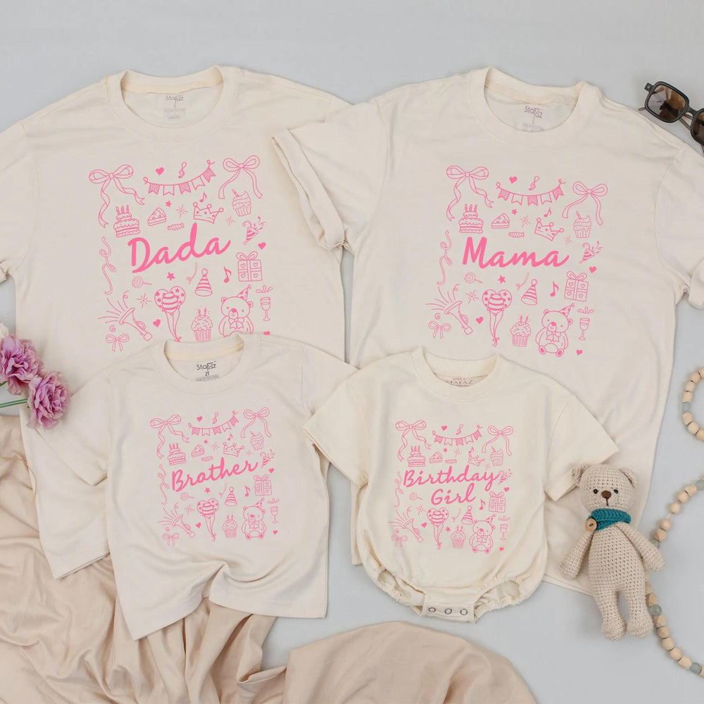 Personalized Pink Birthday Shirt with Bow and Party Icons for Baby Girl or Family, Matching First Birthday Outfit, Custom Name Gift Idea