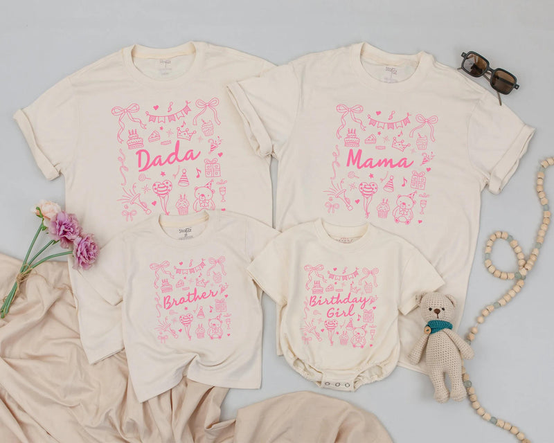 Personalized Pink Birthday Shirt with Bow and Party Icons for Baby Girl or Family, Matching First Birthday Outfit, Custom Name Gift Idea