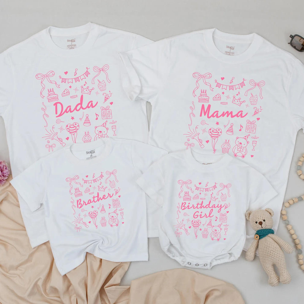 Personalized Pink Birthday Shirt with Bow and Party Icons for Baby Girl or Family, Matching First Birthday Outfit, Custom Name Gift Idea