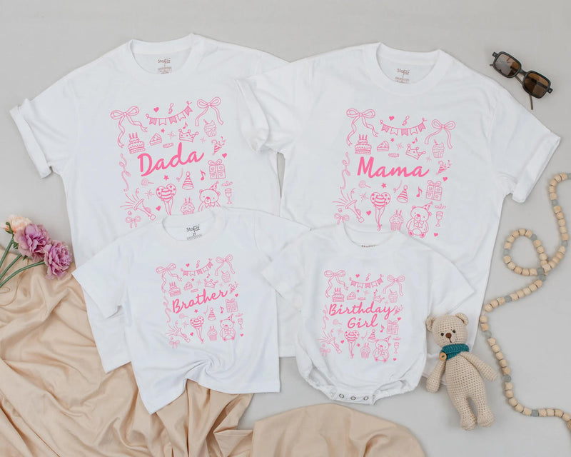 Personalized Pink Birthday Shirt with Bow and Party Icons for Baby Girl or Family, Matching First Birthday Outfit, Custom Name Gift Idea